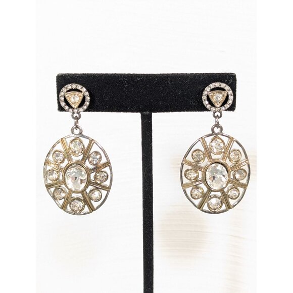Two Tone Rhinestone Oval Dangle Earrings Modernist Industrial Statement Bold - Picture 1 of 6